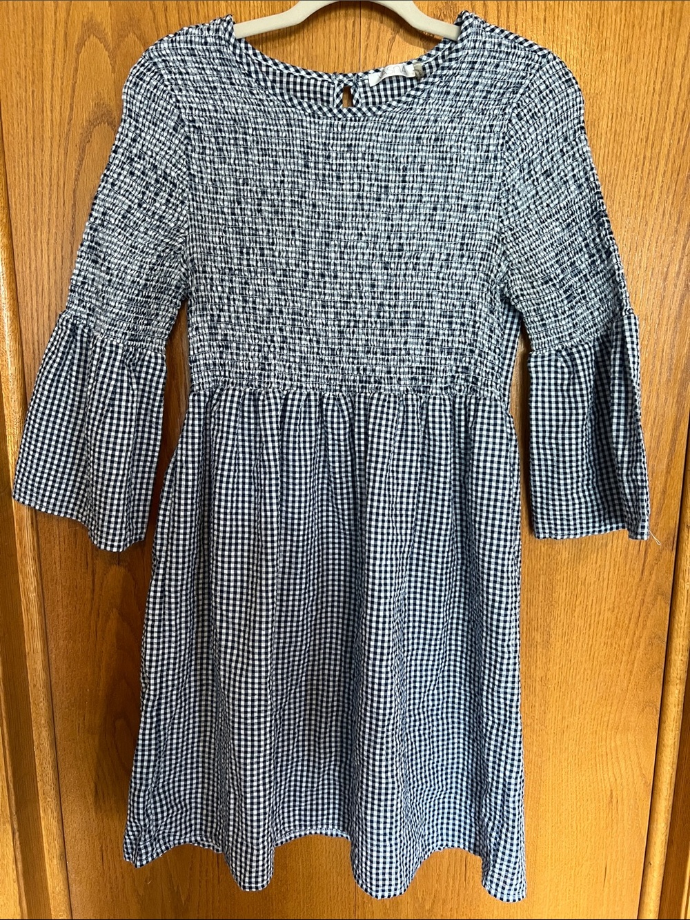 Gingham Smocked Mini Dress in Navy and White